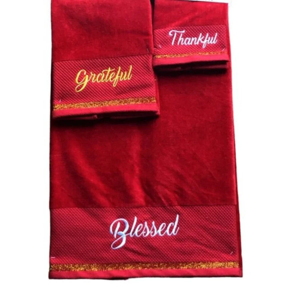 Christmas Towels Set Bath Hand Fingertip Thankful Blessed Grateful Holiday